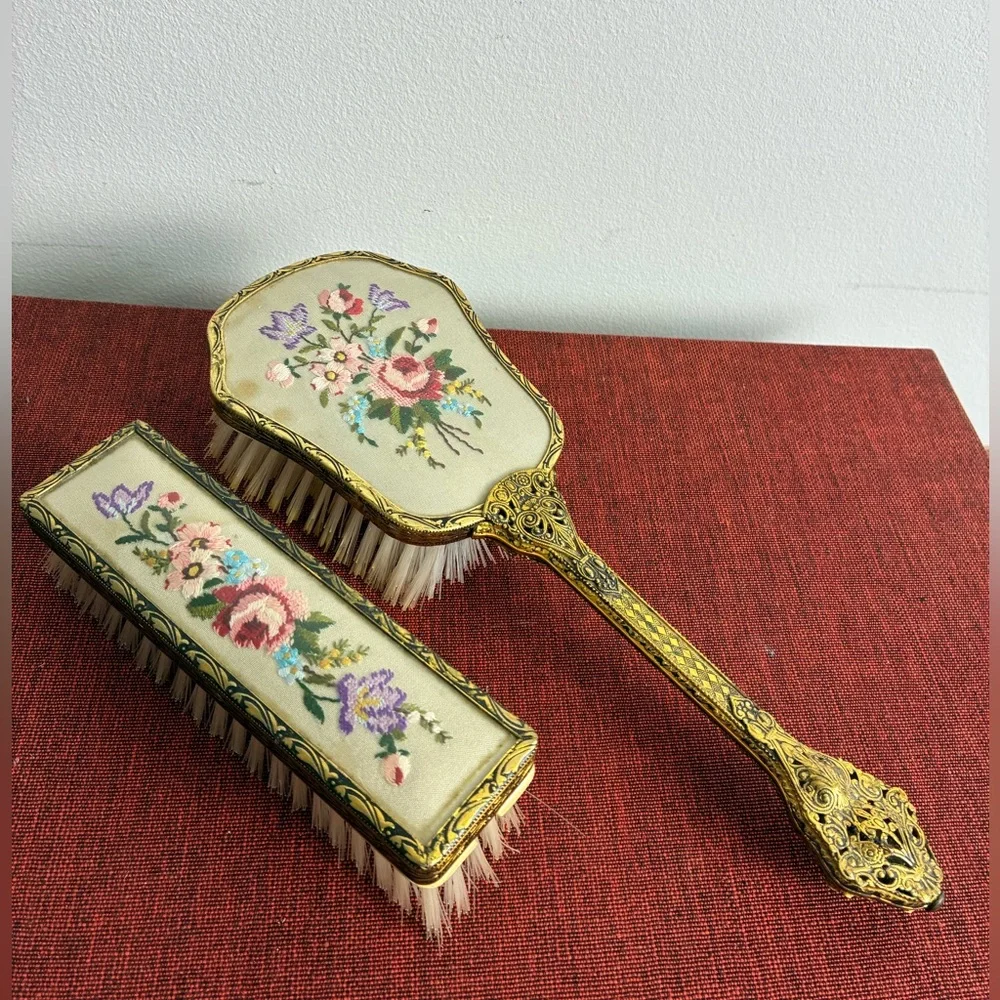 Vintage Delina Vanity Brush Set Needlepoint Floral Hair Brush & Clothing Brush - Picture 1 of 8